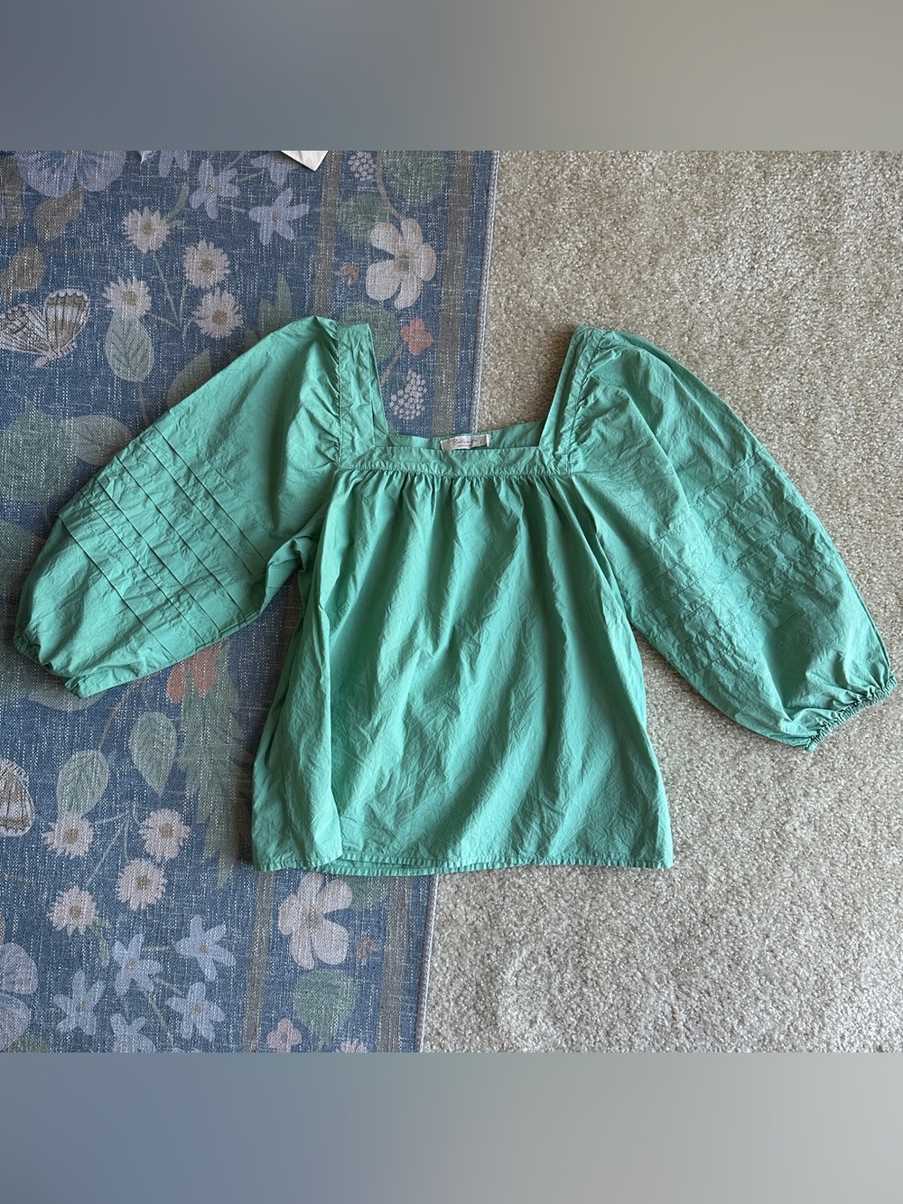 Bellambia Green Square-Neck Puff Sleeve Peasant Blouse